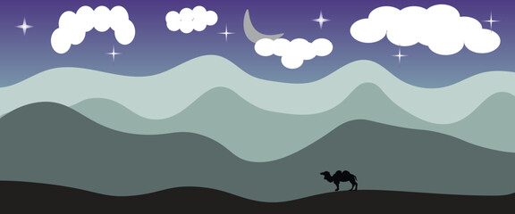 Illustration of Ramadan theme landscape design with Islamic nuances. Illustration of desert landscapes, mosques and camels Arabian nuances