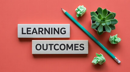 Learning Outcomes Concept with Blocks, Pencil, and Succulent on Red Background education school study growth development knowledge skills pencil blocks wooden