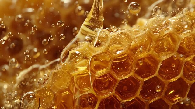 Golden honey dripping on honeycomb close-up