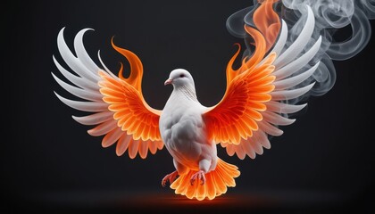 Obraz premium Majestic Dove Ascending, Wings Ablaze, Digital Art, Graceful Flight, Spiritual Symbolism, Fantasy, Hope, Redemption, Light, Dark, Peaceful, Divine