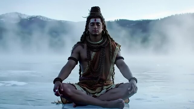 Man in meditation on frozen water.