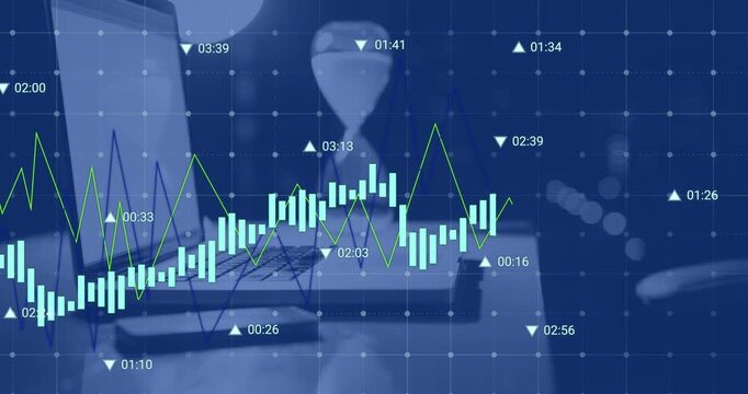 Chart starting rising bars and green line, sliding, dipping, rising, settling to show market trend