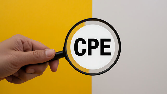Hand holding magnifying glass with CPE text on a yellow and gray background search magnify inspect examine closeup detail letter black