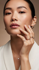 Luxury Fashion Beauty Close-Up with Gold Jewelry and Elegant Pose