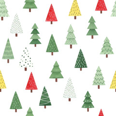 Obraz premium A seamless pattern of cute, stylized christmas trees with geometric shapes and watercolor textures on a white background. Festive holiday design concept