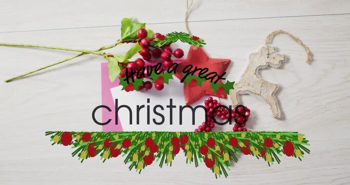Festive graphic overlay appearing at frame two, settling above decorations to create Christmas card
