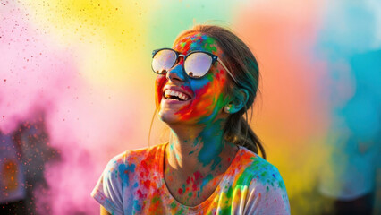 A woman covered in colorful powder celebrating during a festival.