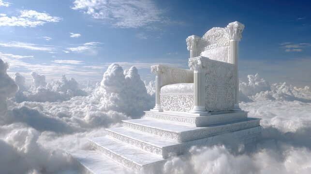 A majestic white throne sits atop clouds under a clear blue sky, evoking a sense of purity and elevation.