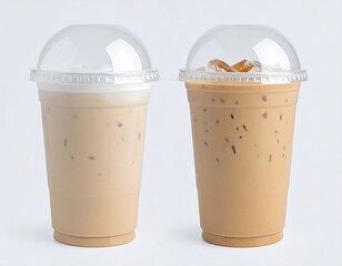 Two iced coffee drinks in plastic cups