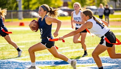 Young Female Athlete Play Flag Football on Field, Daylight, Action Shot