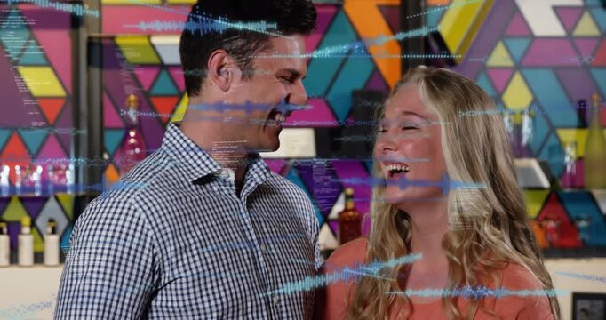 Couple at bar, leaning and laughing while camera revealing faces, blue glitch sweeping for promo