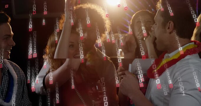 Event group cheering as man calling with blower raising wine glasses, binary code falling in front