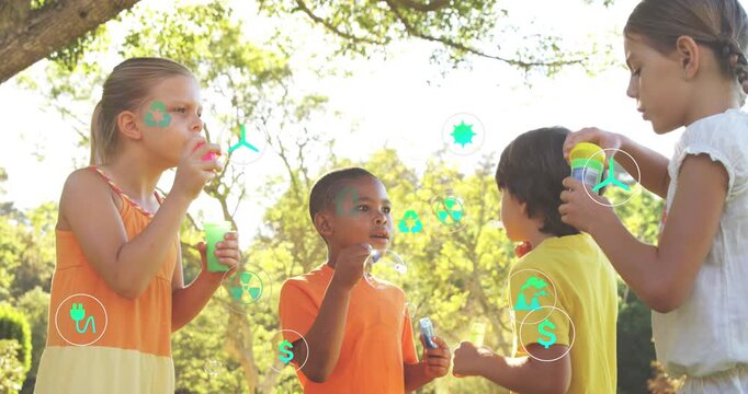 Four children blowing bubbles in park, eco icons floating among children and promoting green living