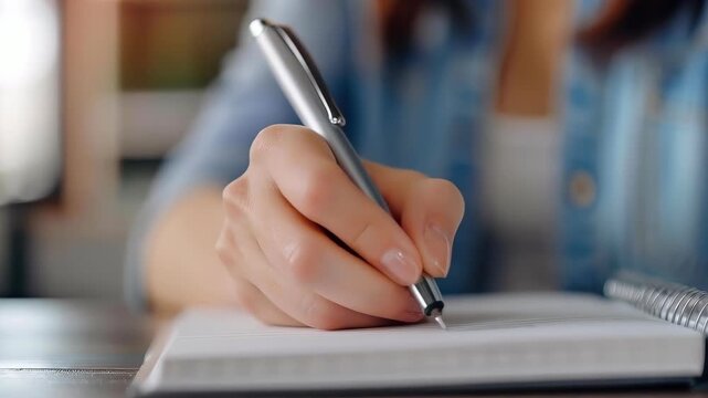 Penmanship and Planning: A close-up view of a hand skillfully wielding a pen, poised over a crisp, lined notepad, ready to record thoughts and plans.
