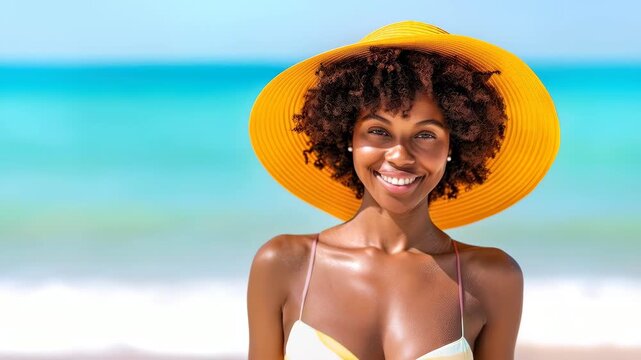 Sun-Kissed Smile at the Shore: A radiant woman in a stylish sunhat enjoys a sunny day at the beach, her joyous expression mirroring the tranquil beauty of the ocean. 