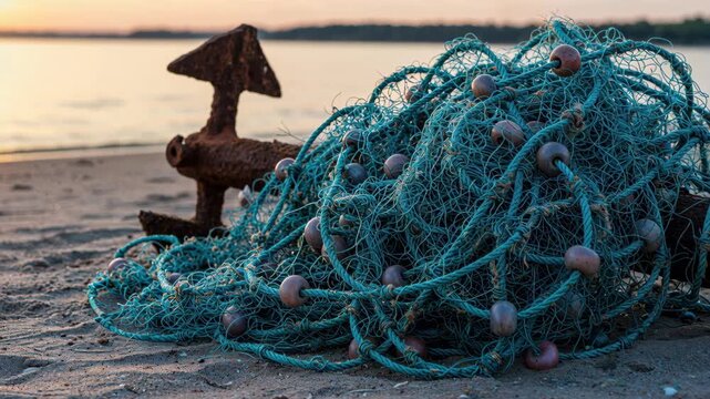 Fishing Net on Sandy Shore: A weathered fishing net, tangled and textured, rests upon a sandy shore, alongside a rusty anchor, under a soft, twilight sky, creating a serene coastal scene.