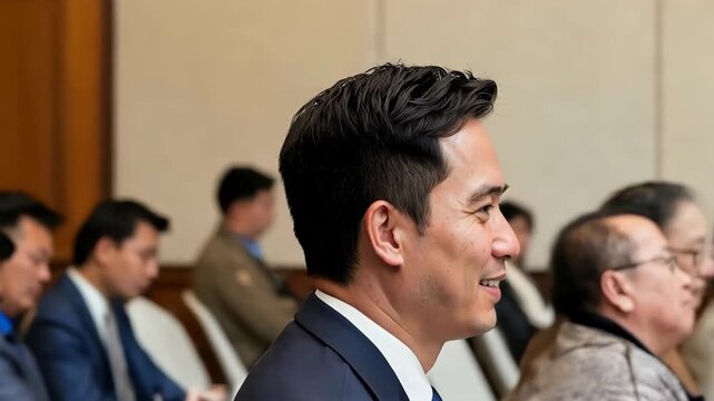 Focused Dignity: An individual with a distinguished appearance, enveloped in the professional ambiance of a meeting, his thoughtful gaze conveys an air of contemplation.