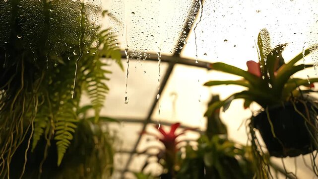 Close-up of raindrops sliding down a steamy greenhouse window, with the soft-focus silhouettes of hanging bromeliads and ferns in the background