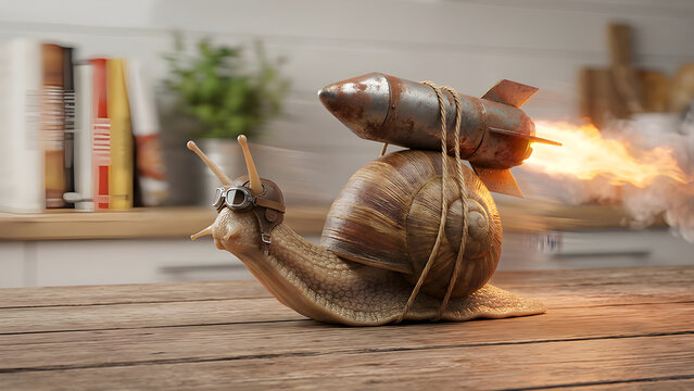 Funny surreal 3D illustration of a snail with a rocket booster representing fast delivery and speed.
