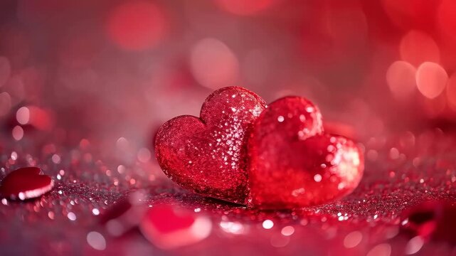 Sparkling Hearts: Two glitter-dusted hearts sit closely, exuding a warm glow with the scattered ruby glitter, epitomizing the purest essence of love and romance.