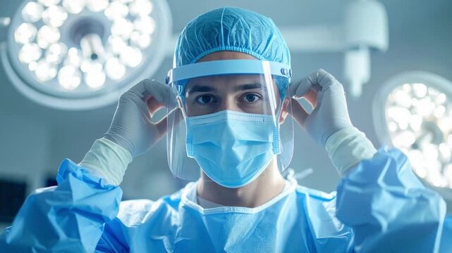 Medical Professional Adjusting Face Shield in Operating Room