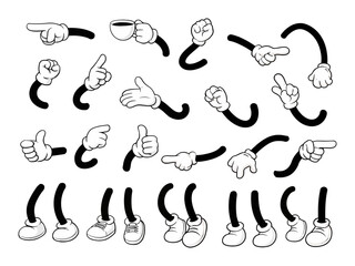 Retro cartoon legs, arms gestures and hands poses. Comic funny character foot in shoes walking and hands in glove. Animation mascot body parts vector set