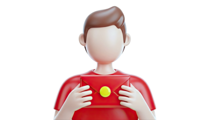 3D character holding a red envelope with a yellow seal