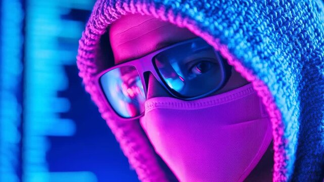 Cyber Security Defender: A hooded figure, face partially concealed by a mask and stylish glasses, vigilantly monitors lines of code and data.
