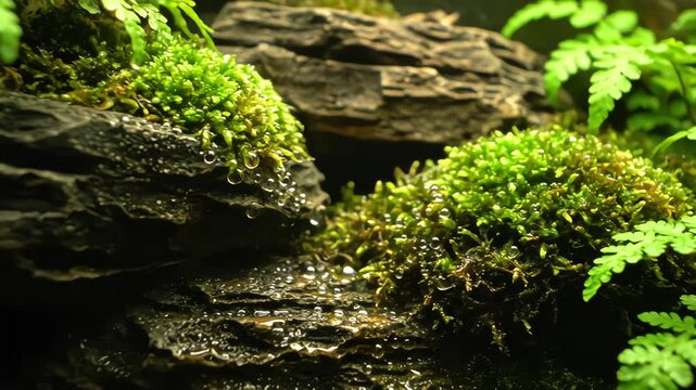 Macro shot of heavy rain showering vibrant green moss and small ferns growing on dark, layered rocks
