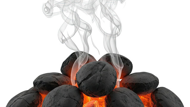Glowing Charcoal Briquettes with Smoke