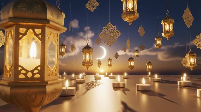 Elegant hanging lanterns and tea light candles glowing at sunset with decorative string lights creating a warm, festive ambiance