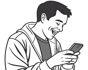 Dynamic Low-Angle Flat Vector Graphic of Euphoric Man Texting