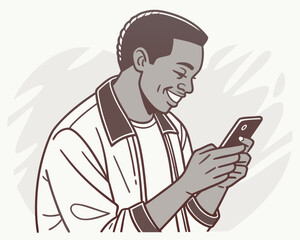 Surreal Vector Close-Up of Ecstatic Man Texting in Abstract White Void