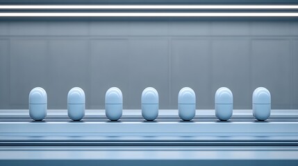 Identical blue medicine capsules standing in a straight line on metal tracks 