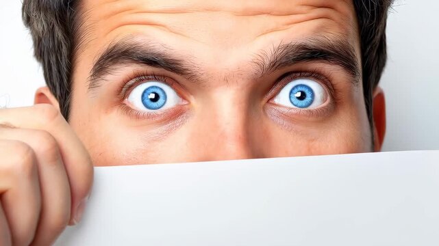 Captivating Gaze: A close-up shot focuses on a man's expressive blue eyes, showcasing intense surprise as he peeks over a blank surface.