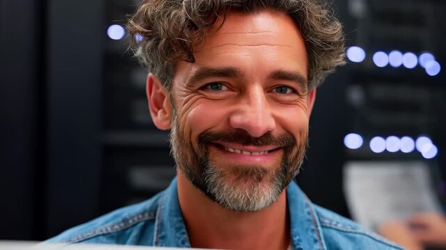 Confident Professional's Gaze: An experienced man, radiating competence, smiles warmly as he showcases his technical prowess within a server room setting.