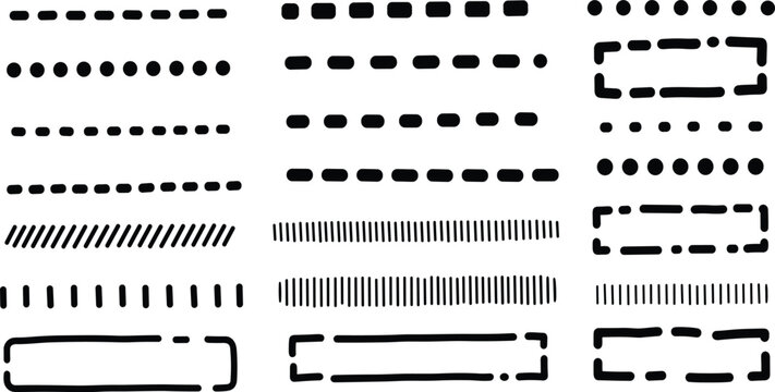 Collection of dashed and dotted lines, borders, and decorative strokes in a black and white illustration style for graphic design