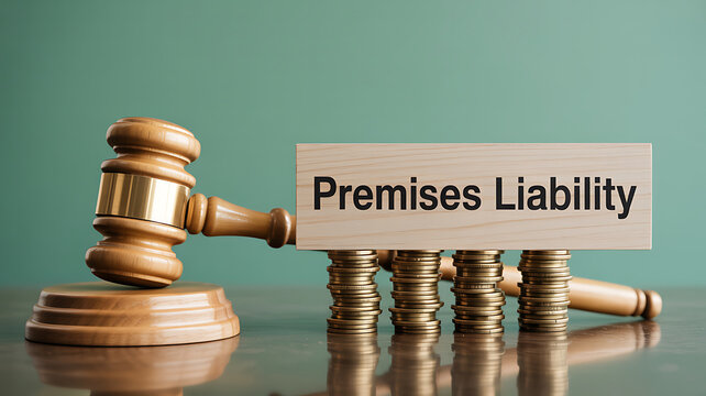 Premises liability concept with gavel and coins on a table law court judge money damage compensation injury accident claim lawsuit justice
