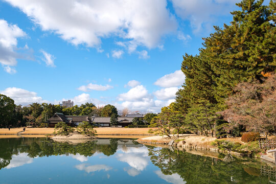 Korakuen in Okayama, Japan. It is a traditional Japanese Garden. It is one of the Three Great Gardens of Japan built in 1700s