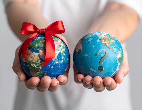 Two globes held in hands - a gift and a question. - Powered by Adobe