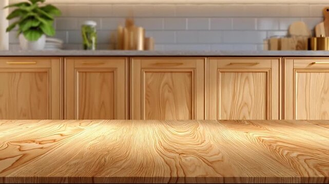A wooden kitchen tabletop with cabinets and utensils in the background viewed from the front 16 1 26 (176).mp4