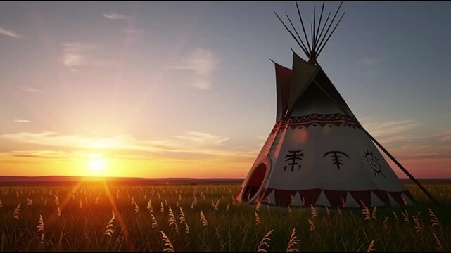 Teepee standing alone in a serene grassy field at sunrise with a vibrant sky