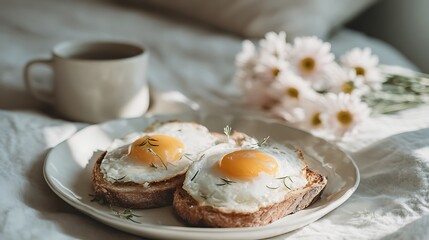 Delicious simple morning meal served in quiet environment