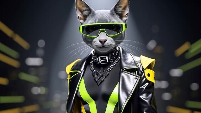 Futuristic anthropomorphic cat in neon black-yellow outfit struts on runway with moving light streaks, camera zooms in on the face and sunglasses