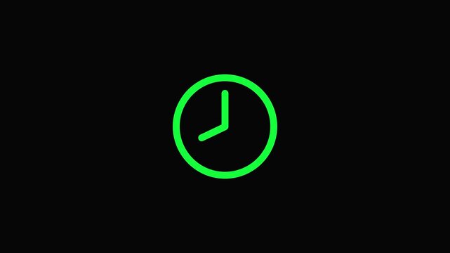 Bright green clock icon animation on a black background showing 8o'clock time.