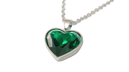 Green heart pendant necklace, valentine's day jewelry, love symbol, silver jewelry, gemstone pendant, isolated on transparent background
