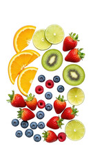 Naklejka premium Collection of mixed summer fruit slices and berries, background removal for creative layout.