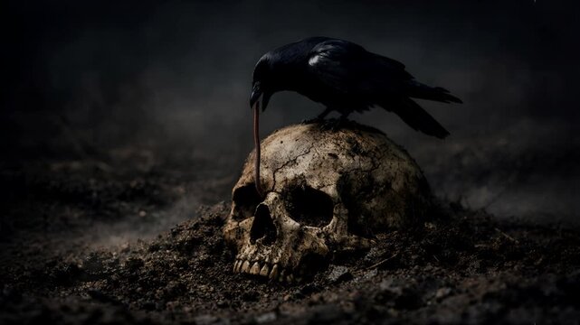 A crow is eating a maggot emerging from a human skull. Looped video. The theme of crow and death.