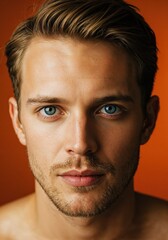 Fototapeta premium The Gaze of the Serene: A captivating close-up portrait of a man with mesmerizing blue eyes, against a vibrant background.