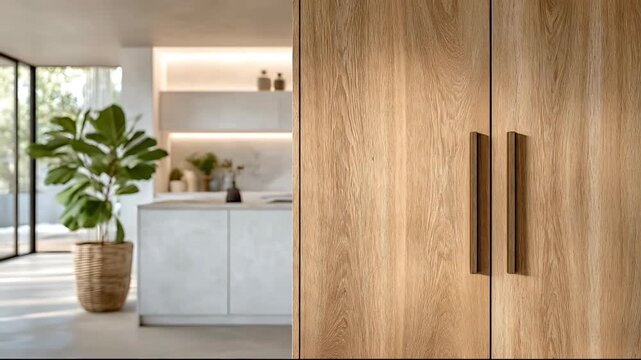 Modern kitchen interior with wooden cabinets and large potted plant viewed from doorway